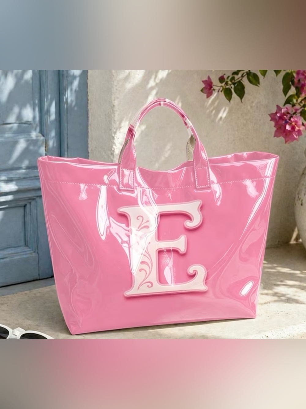 Pink Glossy Monogram Tote Bag with E Initial